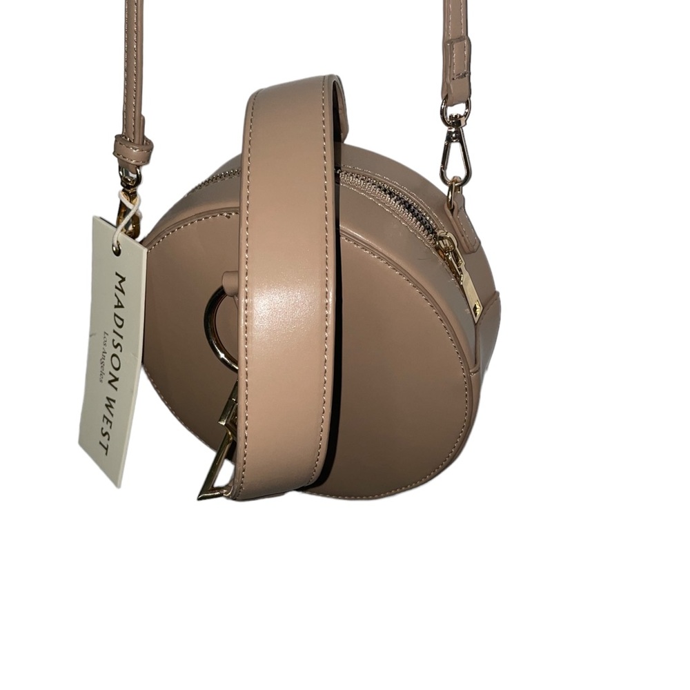 Madison West Round Taupe Hand Bag Crossbody. Color: Beige/Tan Taupe. - Picture 3 of 5